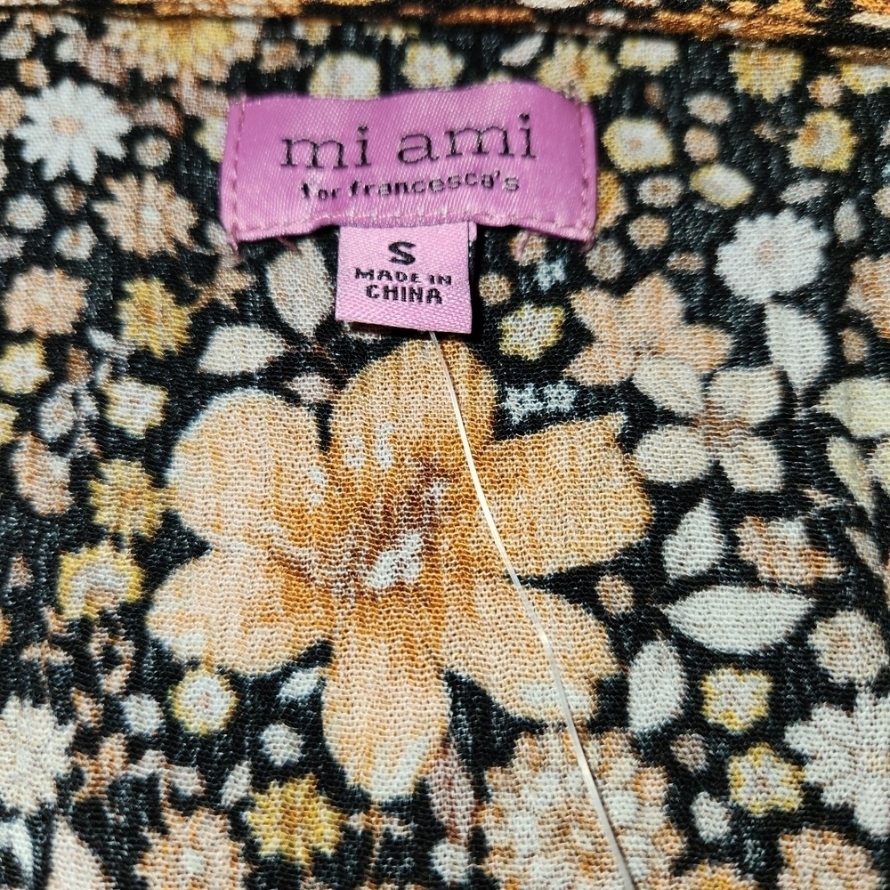 NWT Miami Yellow Brown & Black Floral Blouse Front Tie Size S Bell Long Sleeves - Picture 6 of 10